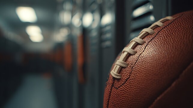 Close up of an American football in a high school locker room hallway with blurred lockers in the background sports competition concept.