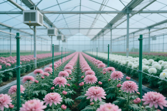 Wide angle view of chrysanthemum rows growing in commercial greenhouse, showing controlled cultivation and floriculture production. Ideal for agriculture marketing, supply chain content