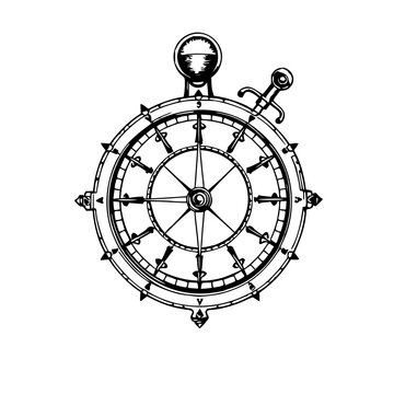 Maritime astrolabe set with vintage ink sketch detail on white background featuring nautical, navigational, antique tool with engraving and illustration