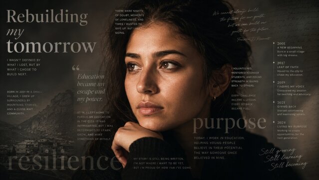 Reflective young woman with typographic text layout in cinematic emotional editorial style on dark textured studio background for mental health resilience poster campaign