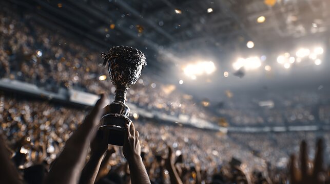 Person holding a trophy in a packed stadium with confetti and cheering crowd at night