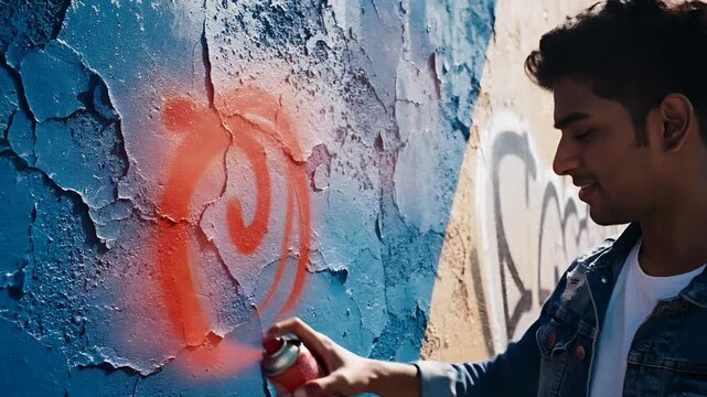 Young man spraying graffiti on a textured wall with vibrant colors.