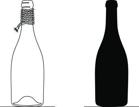 Wine Bottle Vector Icon Set Featuring Continuous Line Art with Tied Rope Neck and Solid Black Silhouette for Alcohol Beverage Packaging and Bar Menu DesignsWine Bottle Vector Icon Set Featuring Contin