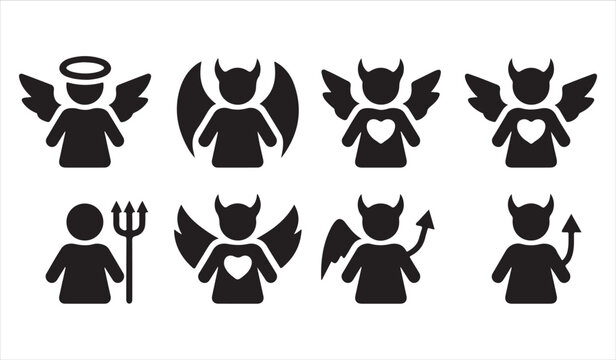 Minimal black angel and demon character illustrations featuring spiritual and mythical symbolism