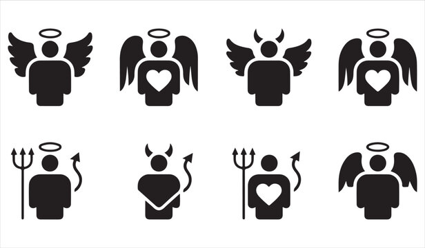Angel and devil silhouette icon set with wings halo horns and symbolic good versus evil concepts