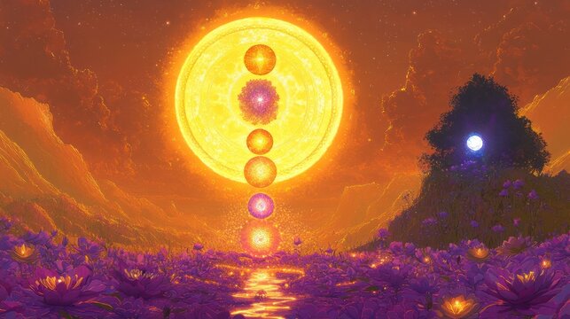 Colorful Chakras Sunset Landscape; spiritual energy