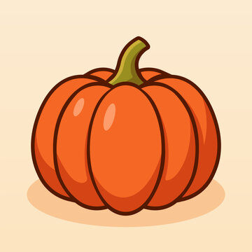 Cute cartoon pumpkin vector illustration, simple flat design for autumn harvest, thanksgiving, and halloween theme, vibrant orange vegetable icon with green stem