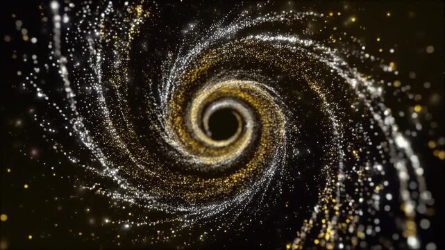 シルバーゴールド粒子 螺旋を描く銀金粒子が渦巻く シームレスループ動画背景 16:9 4K