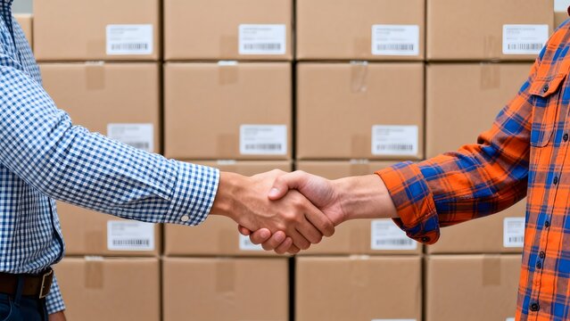 Two men shaking hands in front of stacked boxes