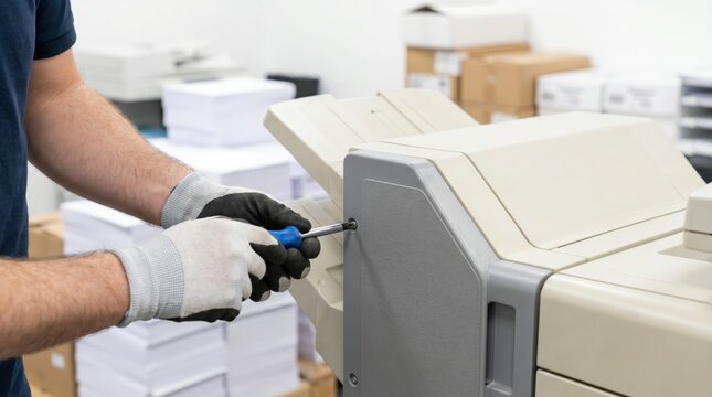 Technician wearing gloves using a screwdriver to remove a screw from a large office printer