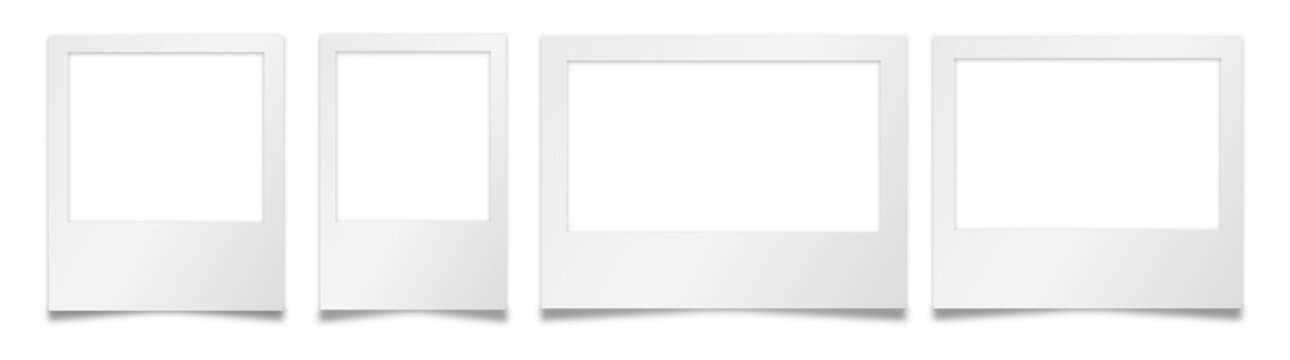 Collection of four white polaroid style photo frames in horizontal and vertical orientations isolated on transparent background for diverse photography mockups.