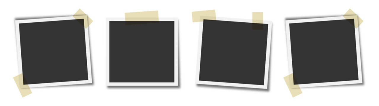 Realistic black instant photo frames with tan masking tape set of four tilted square mockup templates for vintage scrapbooking and social media layout.