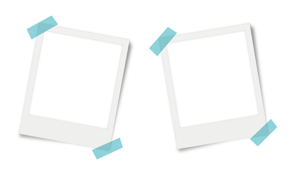 Two tilted white instant photo frames with blue adhesive tape mockup set isolated on transparent background for creative mood boards and social media posts.