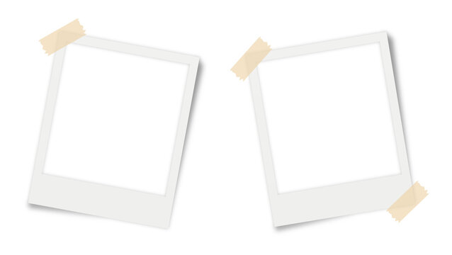 Set of two angled white polaroid photo frames with tan masking tape isolated on transparent background realistic mockup for memory album and digital collage.