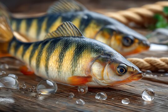 Freshwater perch fish on rustic wooden surface representing sport fishing wildlife biodiversity and healthy aquatic ecosystem sustainability concepts
