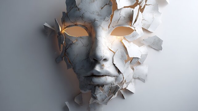 Surreal broken white marble face mask shattering with golden light glowing from cracks conceptual art of identity and mental health.