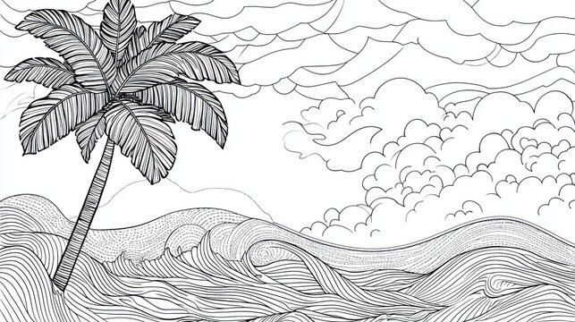 Tropical Island Scene, Monochrome Ocean, Peaceful Clouds, Line Art, Background Image, Design Element, Vector Illustration, Art Print