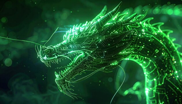 Glowing Green Dragon Digital Artwork Illustration.