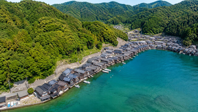 Aerial View of Traditional Funaya Boathouses, Ine Bay, Kyoto, Japan | 京都伊根湾の舟屋を空撮
