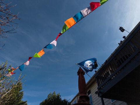 Buddhist prayer flags & Earth flag; Nighthawk Gardens; Wyoming
