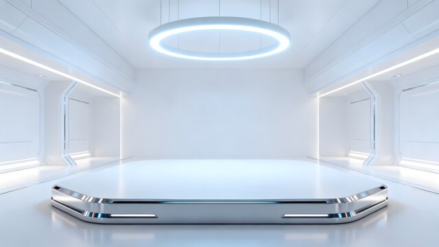 Futuristic white room with platform