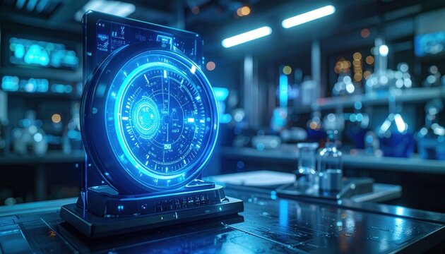 Futuristic Laboratory Equipment with Neon Blue Display.