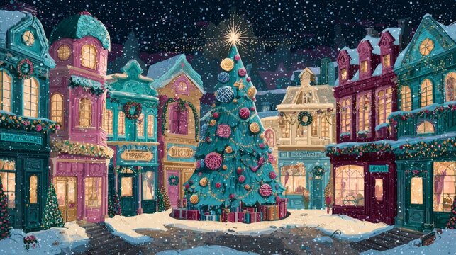Snowflakes dance over a vibrant, festive street. Colorful buildings glow warmly under starry skies. Grand Christmas tree stands tall, adorned with ornaments