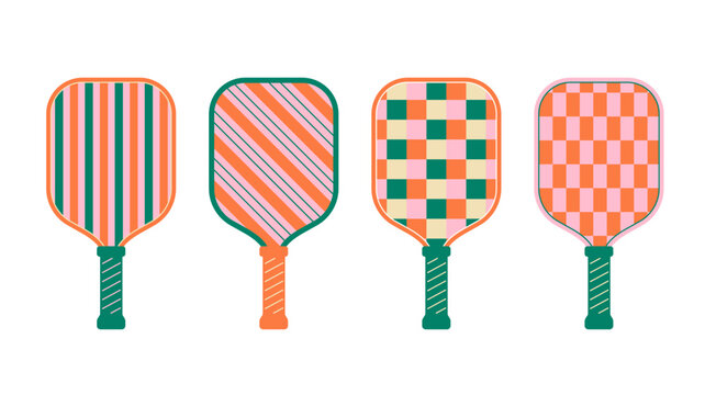 Pickleball paddle collection with striped and checkerboard geometric retro patterns. Sport and active lifestyle vintage vector illustration.