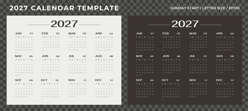 Set of 2027 yearly calendar template, week Sunday start, horizontal layouts in elegant brown design