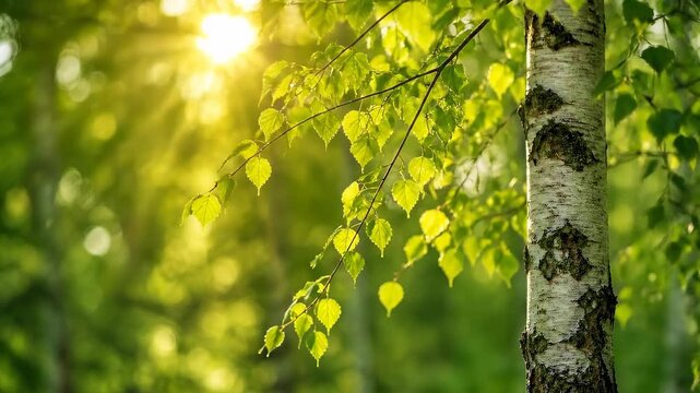 Sunlight filtering through green birch tree leaves in a serene forest setting
