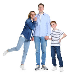 Fototapeta premium Happy family holding hands on white background