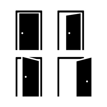 Door icons set. Open, close and ajar door. Doors collection. Opened entrance door set flat style - stock vector.