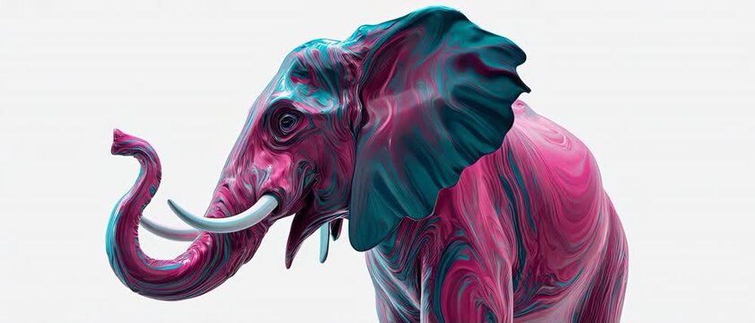 Abstract elephant silhouette formed by swirling magenta and teal acrylic paint fluid dynamics