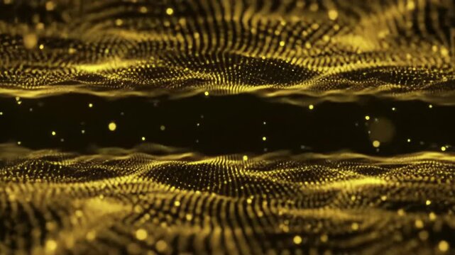 Breathtaking wide immersive video of an infinite deep black void with thousands of luminous golden light particles and abstract data points forming intricate ephemeral patterns, with a soft ethereal