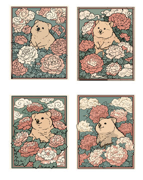 Quokka in Peony Flowers (모란꽃 속 쿼카 한국 민화 스타일 일러스트 세트)