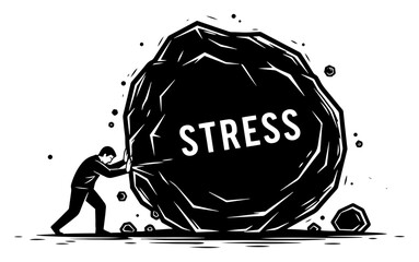 Man Pushing Huge Rock with Stress Text - Sisyphus Metaphor for Overcoming Burdens and Hard Work in Mental Health and Business Concepts © Luka