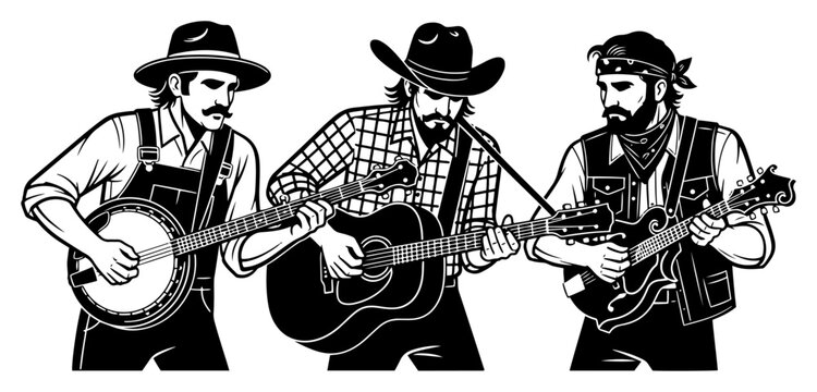 Country Music Band Trio Playing Banjo and Guitar - Bearded Men in Cowboy Hats Performing Folk and Bluegrass Music for Americana Lifestyle Designs