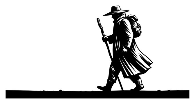 Silhouette of a Wanderer Traveler Walking with a Stick and Backpack - Nomadic Man in Long Coat Hiking for Journey and Adventure Concepts