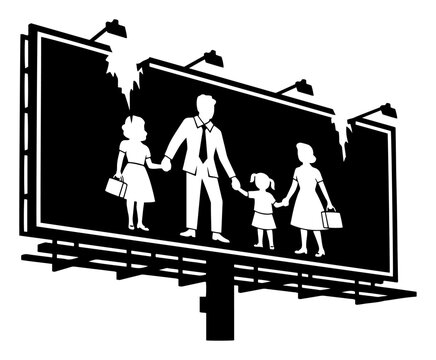 Large Outdoor Billboard with Happy Family Silhouette - Vintage Roadside Advertising Sign for Suburban Lifestyle and Real Estate Marketing