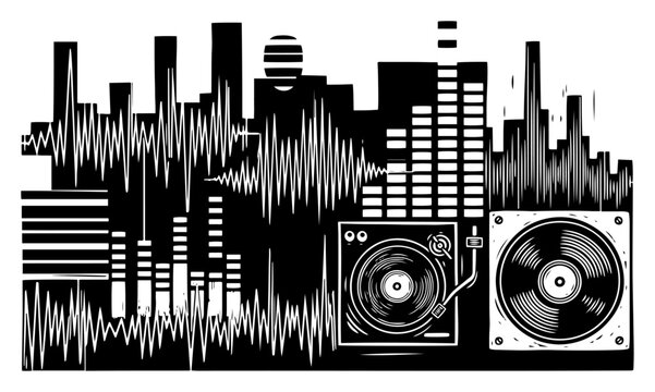 DJ Turntables and Music Waveforms over City Skyline - Nightlife Electronic Party and Audio Equalizer Illustration for Urban Festivals