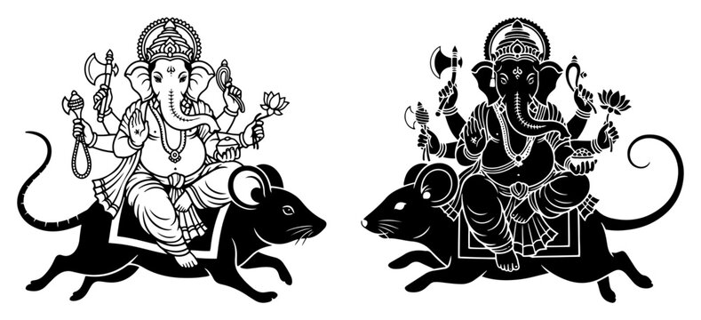 Lord Ganesha Sitting on a Rat Hindu God Illustration Set - Indian Mythology Spiritual Characters for Sacred Religion and Yoga Design