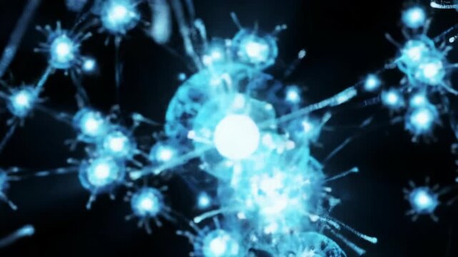 luminous digital jellyfish data entities with cyan, blue, white pulsating cores drift through an expansive deep black virtual space, subtly textured by data flecks. smooth dolly video, shallow depth