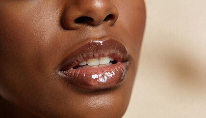 Fototapeta premium Woman with glossy lips in close up shot. Beauty portrait of African American female showing skincare and cosmetics application. Professional makeup concept for fashion or beauty industry.