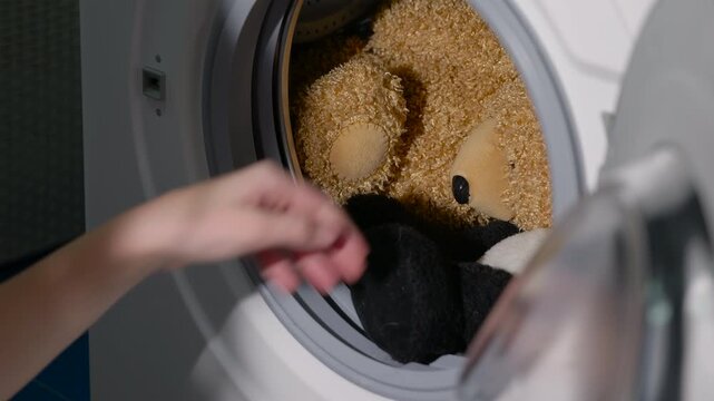 Person loading teddy bear and plush toys into washing machine. Hands carefully placing several stuffed animals, including a teddy bear and a panda, into a modern washing machine for a cleaning