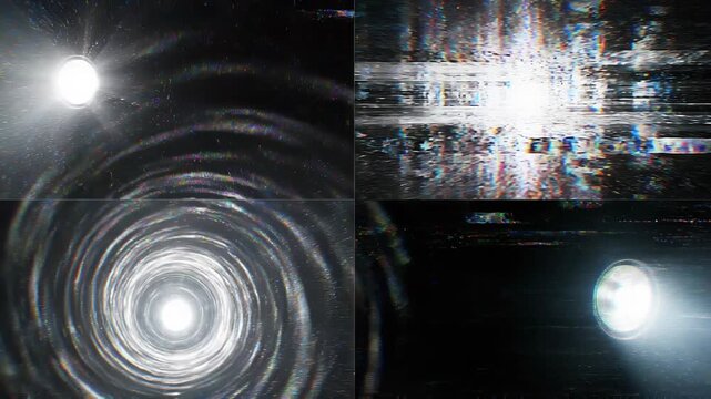 Abstract light tunnel with swirling particles and digital glitches
