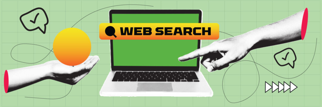 Retro Pop Art Web Search Concept with Laptop and Hands. Halftone Collage Online Browsing and Digital Communication Background