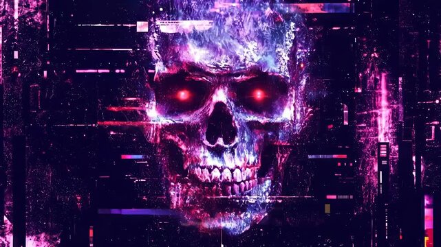 Skull with glowing red eyes in digital glitch environment. Cyberpunk horror concept with distorted data effects. Panning and tilting camera movement.