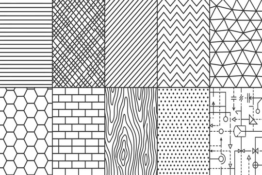 Versatile collection of geometric pattern swatches featuring linear shapes and technical grid diagrams for professional architectural design and graphic layout backgrounds