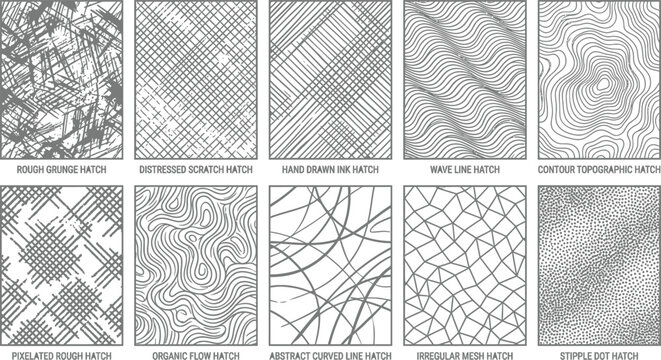 Hand drawn ink hatch pattern set featuring grunge and contour styles for artistic sketching and creative graphic design backgrounds in high resolution vector format