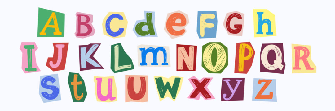 Crayon hand drawn collage alphabet set with playful cut out letters. Fun childish font collection. Vector print.